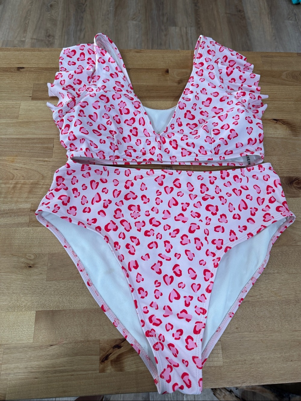 SHEIN Pink Leopard-Print Ruffle shoulder bikini Swimsuit